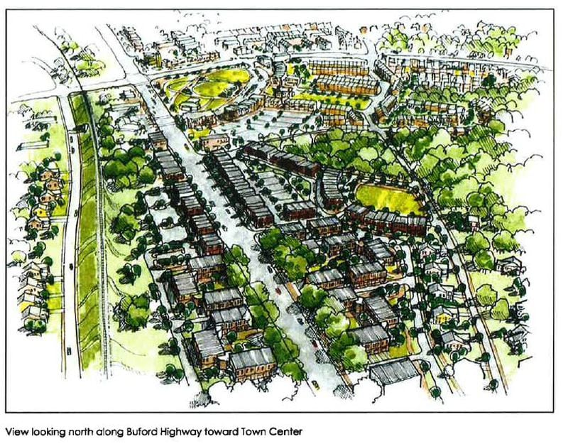 A pair of projects in Suwanee would bring 240 apartments, 70 townhomes and 30,000 square feet of retail. (Rendering via planning documents)