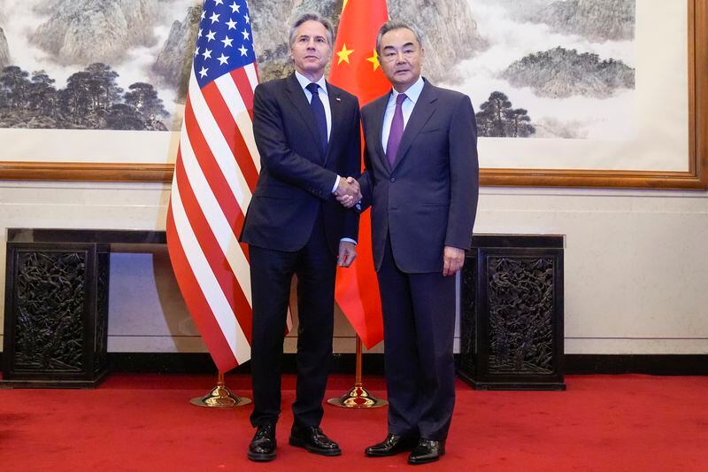U.S. Secretary of State Antony Blinken, left, meets with China's Foreign Minister Wang Yi at the Diaoyutai State Guesthouse, Friday, April 26, 2024, in Beijing, China. (AP Photo/Mark Schiefelbein, Pool)