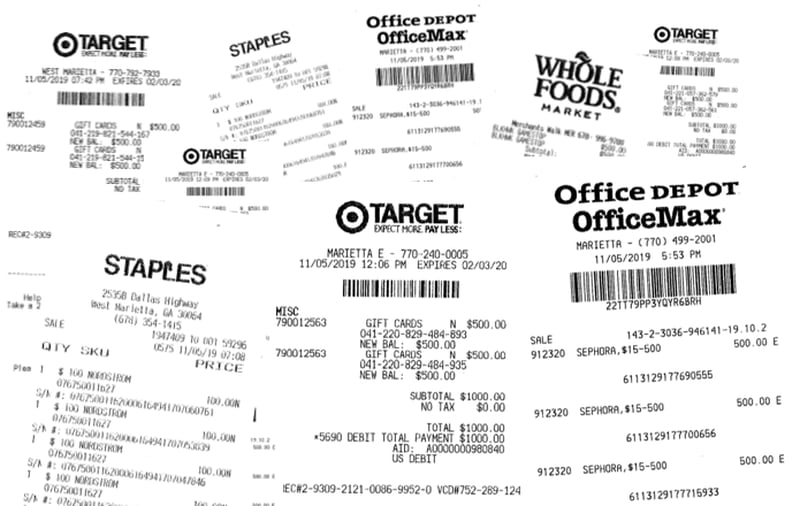 These are several of the gift card receipts that Karen Faulkner kept after being scammed out of $35,500.