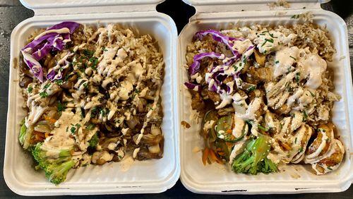 At Hippie Hibachi Vegan Grill, the mains (including tofu and mushrooms) are served with a heaping amount of fried rice, plus sautéed veggies, squiggles of house-made yum yum sauce and a sprinkle of chives and sesame seeds. Wendell Brock for The Atlanta Journal-Constitution