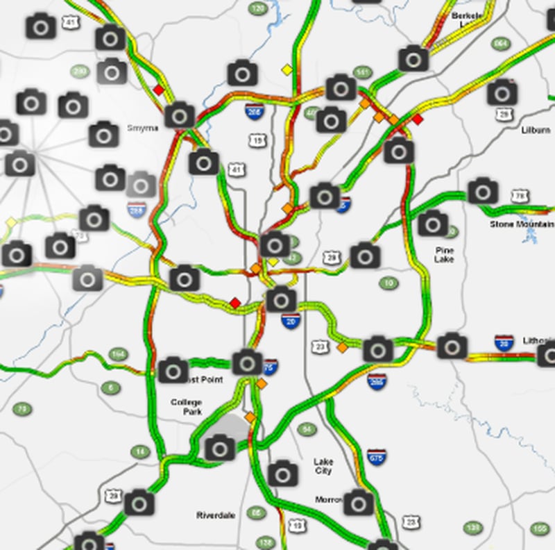 As always, red means slow, and there’s a lot of red on the WSB 24-hour Traffic Center map as of 5:15 p.m. Friday.