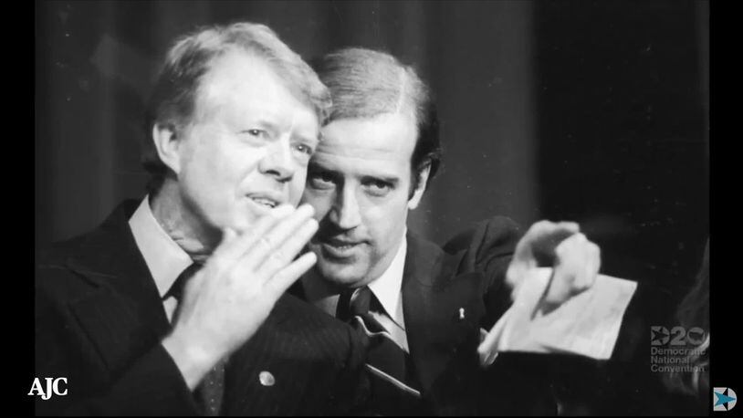 File photo of Jimmy Carter and Joe Biden at the Democratic National Convention in 1976.