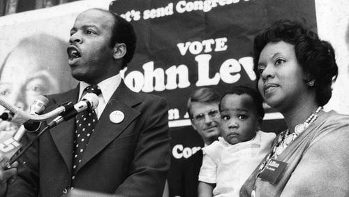 John and Lillian Lewis at a campaign rally at the International Ballroom in April 1977. A gala Tuesday will mark the launch of the John and Lillian Miles Lewis Foundation. (Dwight Ross Jr./AJC staff)