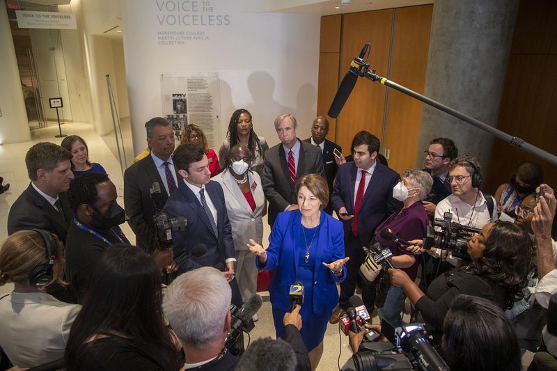 07/19/2021 — Atlanta, Georgia — Sen. Amy Klobuchar (D-Minnesota) make remarks following a field hearing of the Senate Rules Committee centered on voting legislation at the National Center for Civil and Human Rights in Atlanta, Monday, July 19, 2021. (Alyssa Pointer/Atlanta Journal Constitution)