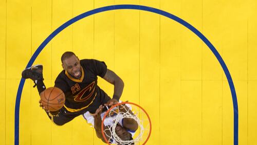Basketball: NBA Finals: Aerial view of Cleveland Cavaliers LeBron James (23) in action vs Golden State Warriors Draymond Green (23) at Oracle Arena. Game 2. Oakland, CA 6/4/2017CREDIT: Greg Nelson (Photo by Greg Nelson /Sports Illustrated/Getty Images)(Set Number: SI892 TK1 )