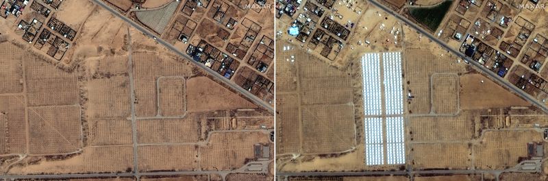 This combination aerial images provided by Maxar Technologies, shows an area before a tent camp was built near Khan Younis in Gaza on April 7, 2024, left, and after the tents were built on April 23, 2024. (Satellite image ©2024 Maxar Technologies via AP)
