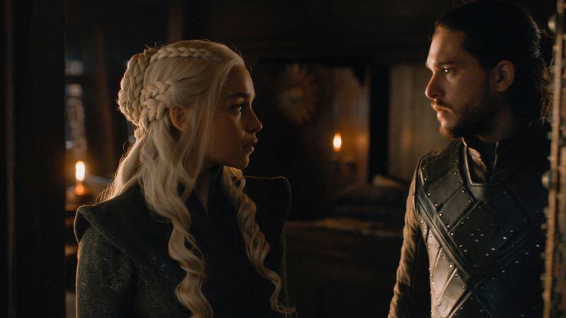 Emilia Clarke and Kit Harington appear an image from season 7, episode 7 of "Game of Thrones." The final season begins airing in April.