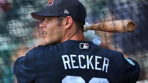 Catcher Anthony Recker, pictured, was designated for assignment by the Braves to open a 40-man roster spot after Saturday’s trade for first baseman Matt Adams. (Curtis Compton/ccompton@ajc.com)