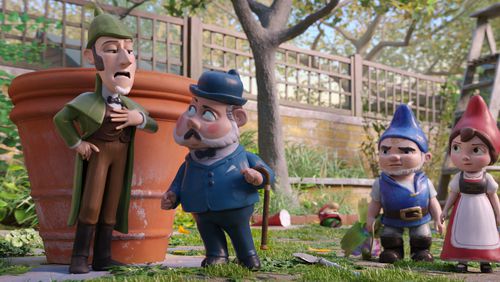 Sherlock Gnomes (Johnny Depp), Dr. Watson (Chiwetel Ejiofor), Gnomeo (James McAvoy) and Juliet (Emily Blunt) investigate in “Sherlock Gnomes.” Contributed by Paramount