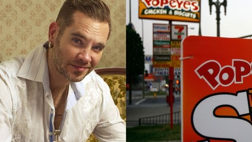 Bo Bice was offended by the way he was treated by black Popeye's employees at Hartsfield Jackson International Airport. CREDIT: left (Twitter image), right Getty Images