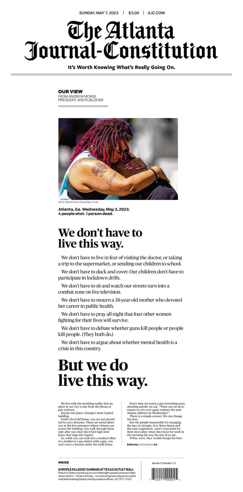 The front page of the Sunday edition of The Atlanta Journal-Constitution, May 7, 2023.