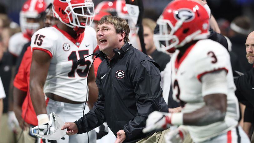 Georgia Bulldogs head coach Kirby Smart reacts during the first half of the SEC Football Championship at Mercedes-Benz Stadium, December 2, 2017, in Atlanta.  Curtis Compton / ccompton@ajc.com