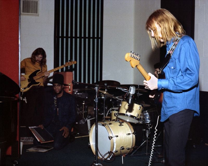 Duane Allman (right) meets and jams with future Allman Brothers Band members Berry Oakley (left) and Jaimoe Johanson (center) (at FAME Studios in 1968 in Muscle Shoals, Alabama. (Photo by House Of Fame LLC/Michael Ochs Archives/Getty Images)