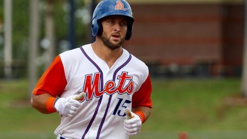Tim Tebow hits first home run during his first day with the Port St. Lucie Mets on June 28, 2017.