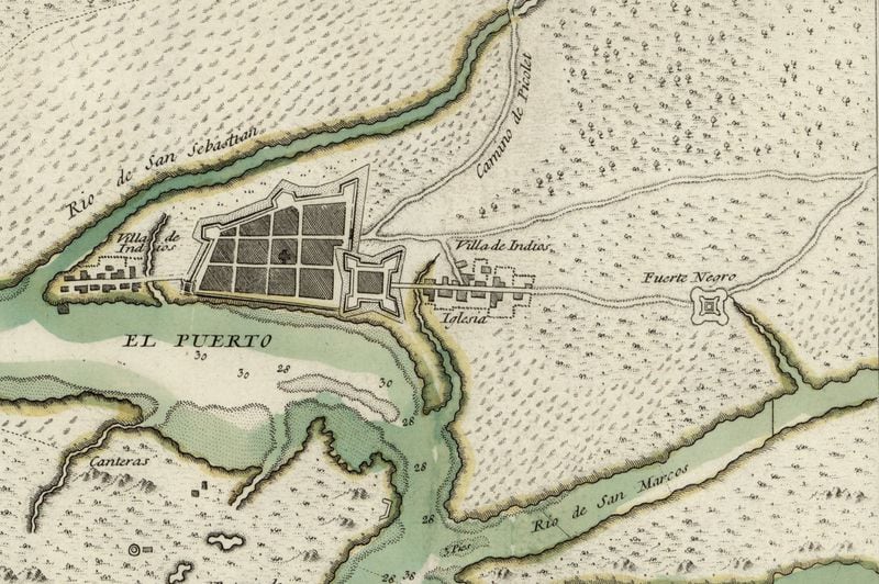 This detail from a 1783 Spanish map shows St. Augustine in the center left and Fort Mose on the right. (Library of Congress)