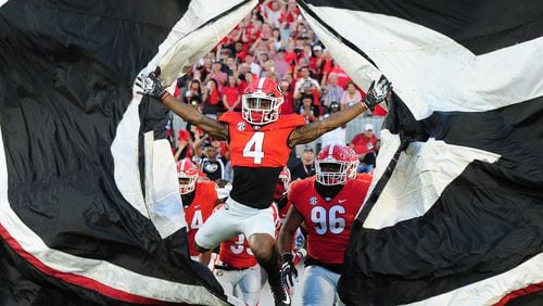 Mecole Hardman #4 of the Georgia Bulldogs takes the field before the game against the Samford Bulldogs at Sanford Stadium on September 16, 2017 in Athens, Georgia. (Photo by Scott Cunningham/Getty Images)