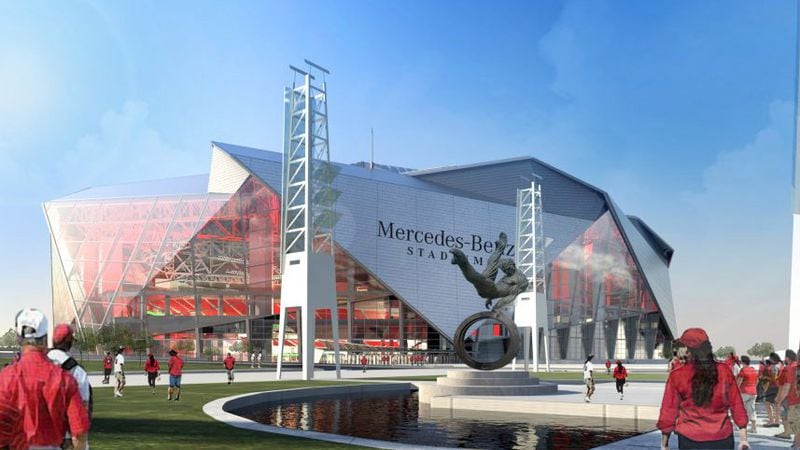 The date of the first official Falcons game at the new Mercedes-Benz Stadium will be made public in April.