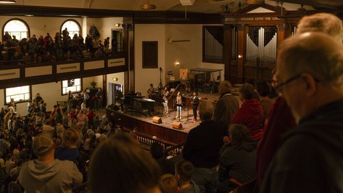 Students leading worship inside Hughes Chapel on the campus of Asbury University in Wilmore, Ky., on Feb. 17, 2023. Over two weeks, more than 50,000 people descended on a small campus chapel to experience the nation’s first major spiritual revival in decades — one driven by Gen Z. (Jesse Barber/The New York Times)