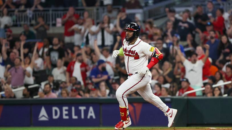 The crowd reacts after the Braves’ Marcell Ozuna hits a RBI double during the sixth inning against the New York Mets at Truist Park, Tuesday, June 6, 2023, in Atlanta. The Braves won 6-4. (Jason Getz / Jason.Getz@ajc.com)