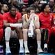 Atlanta Hawks players sit on the bench during the second half of the team's NBA basketball play-in tournament game against the Chicago Bulls in Chicago, Wednesday, April 17, 2024. The Bulls won 131-116. (AP Photo/Nam Y. Huh)