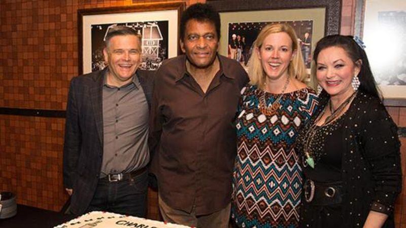 (L-R): Grand Ole Opry Marketing, Communication and Artist Initiatives Director Dan Rogers; Charley Pride;  Grand Ole Opry Senior Talent Manager Gina Keltner and Opry member Crystal Gayle. (Photo by Rachael Black, courtesy of the Grand Ole Opry)