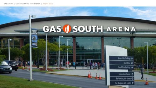 Artist renderings show the former Infinite Energy Arena rebranded as Gas South Arena, following the acquisition of Infinite Energy by Gas South. The arena is the home of the Georgia Swarm lacrosse team.