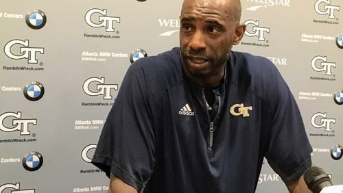 Georgia Tech defensive ends/outside linebackers coach Marco Coleman speaks with media after a preseason practice Aug. 6, 2019.