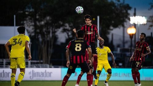Atlanta United's Franco Escobar clears the ball during 1-0 loss to Columbus Tuesday, July 21, 2020, in the MLS tournament in Orlando, Fla.