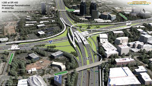 Artist’s rendering depicts the I-285/Ga. 400 interchange after its reconstruction is completed four years hence. Off-duty police officers from Sandy Springs and Dunwoody will provide security for the project. GEORGIA DEPARTMENT OF TRANSPORTATION