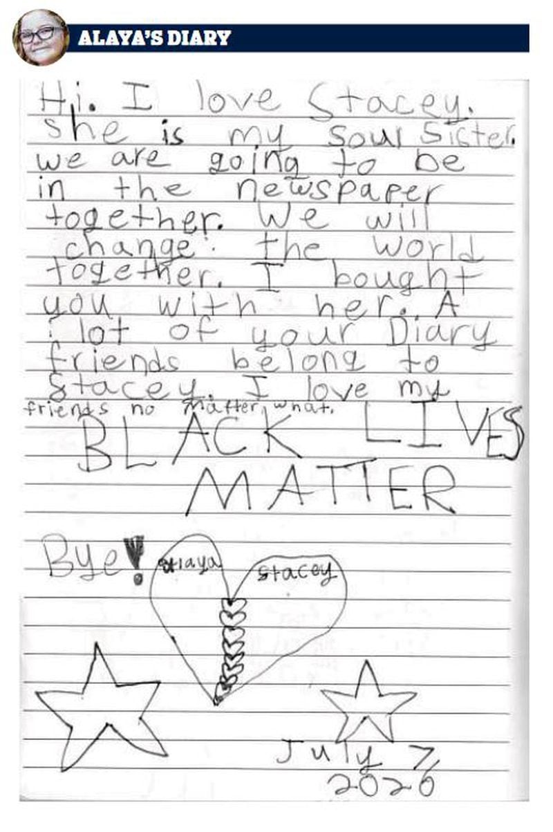 Pages from 8-year-old Alaya Horne's diary, which has shifted from thoughts on pandemic to social justice.