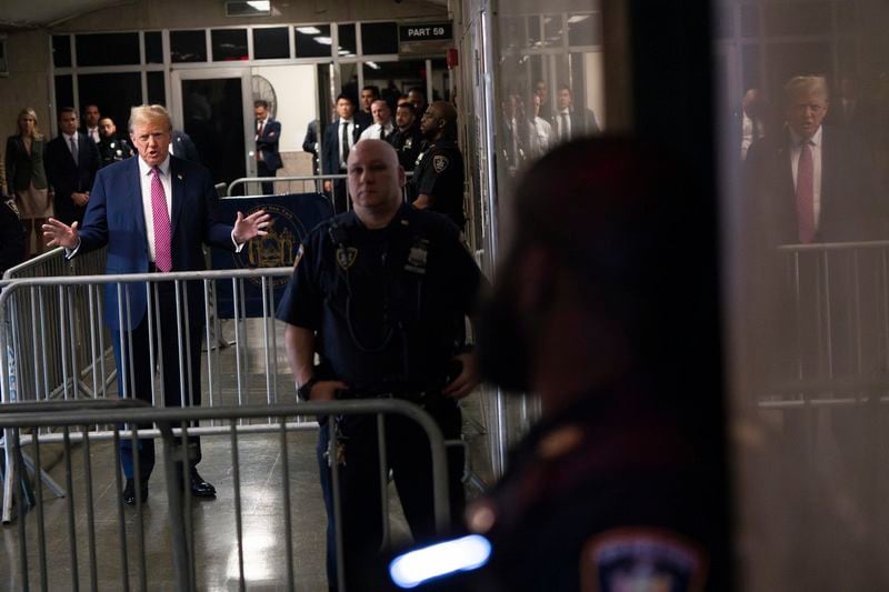 Former President Donald Trump arrives at Manhattan criminal court in New York, Friday, April 19, 2024. (Maansi Srivastava/The New York Times via AP, Pool)