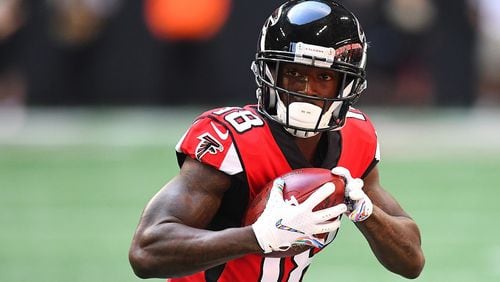 Calvin Ridley of the Atlanta Falcons during the first quarter against the Tampa Bay Buccaneers at Mercedes-Benz Stadium on October 14, 2018 in Atlanta. (Photo by Scott Cunningham/Getty Images)