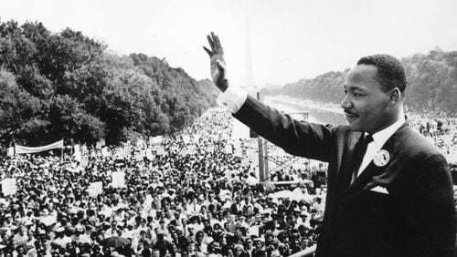 Martin Luther King Jr. (1929 - 1968) addresses crowds during the March On Washington at the Lincoln Memorial, Washington DC, where he gave his 'I Have A Dream' speech on Aug. 28, 1963.