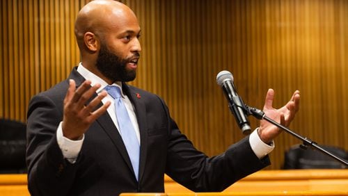 Kirkland Carden, a new member of the Gwinnett Board of Commissioners, speaks during his swearing in ceremony, on Monday, December 21, 2020, at the Gwinnett Justice and Administrative Center in Lawrenceville, Georgia. Carden serves as county commissioner for district one.  CHRISTINA MATACOTTA FOR THE ATLANTA JOURNAL-CONSTITUTION