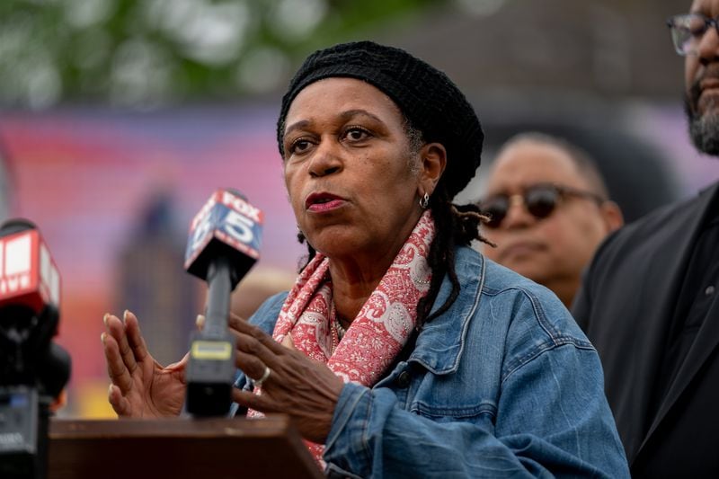 Former Atlanta City Councilwoman Mabel Thomas speaks to the media regarding recent violence in the area. City leaders gather to speak and demand action on gun violence in the Vine City area. Wednesday, April 10th, 2024 (Ben Hendren for the Atlanta Journal Constitution)