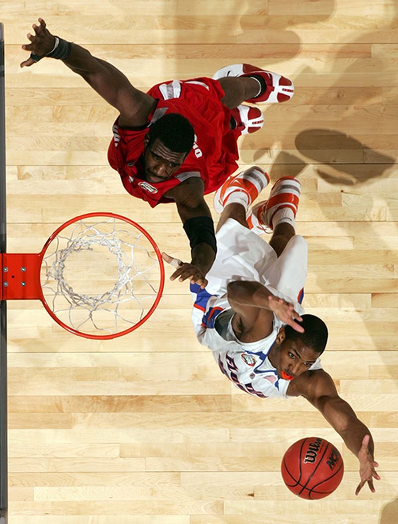 Florida's Al Horford goes for the rebound over Ohio State's Greg Oden in the NCAA championship game Monday, April 2, 2007, at the Georgia Dome in Atlanta.