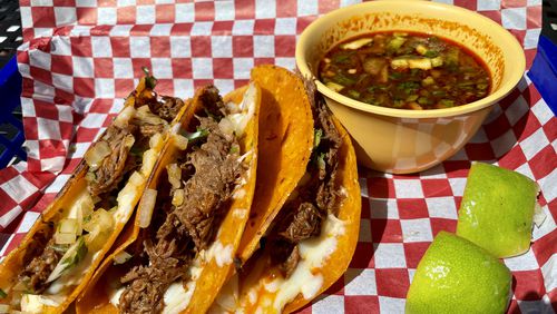 The tacos de birria at Frida’s Taqueria feature brisket-like beef that is fall-apart tender. Angela Hansberger for The Atlanta Journal-Constitution