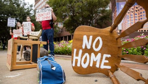 Protesters rally in Texas in September. The latest stimulus bill extends eviction protections and includes billions in rental assistance for Americans struggling to make rent during the pandemic. (Juan Figueroa/The Dallas Morning News/TNS)