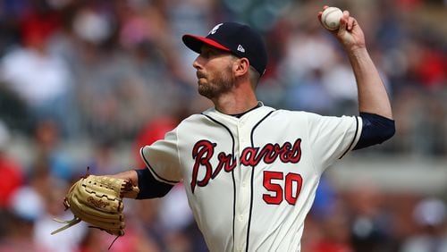 Left handed pitcher Jerry Blevins, who the Braves acquired via trade, delivers a pitch against the Colorado Rockies Sunday, April 28, 2019, at SunTrust Park in Atlanta.