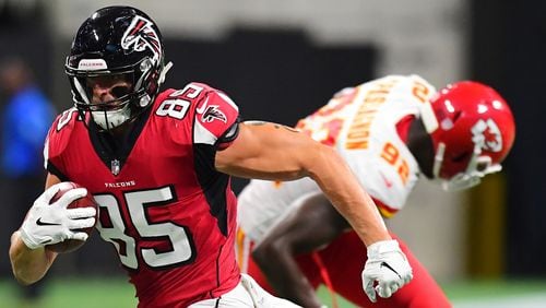 Falcons tight end Eric Saubert runs with a catch against the Kansas City Chiefs during an exhibition game Aug. 17, 2018, at Mercedes-Benz Stadium in Atlanta.