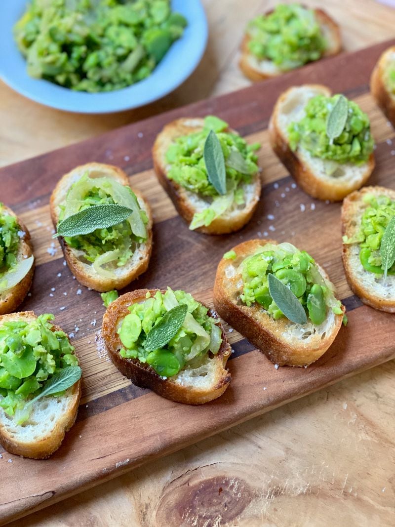 To make Fava Bean Toasts, you can remove the beans from the fava bean pods or use prepared fava beans. Courtesy of Virginia Willis