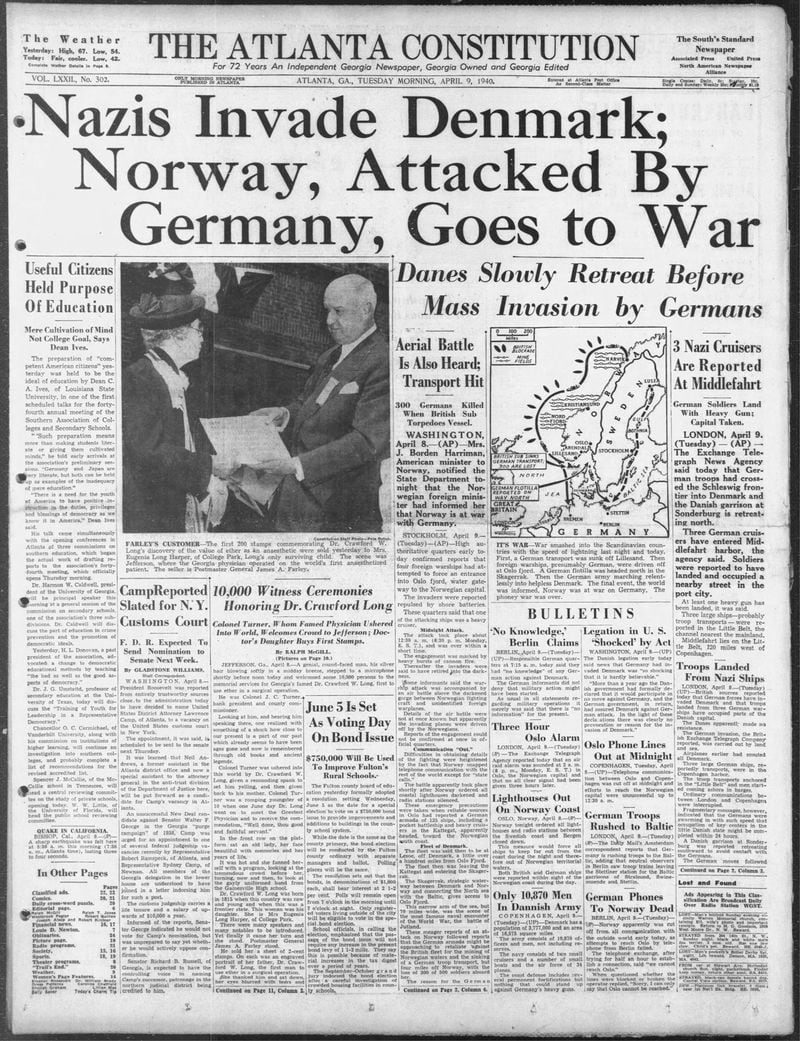 The Atlanta Constitution front page April 9, 1940.