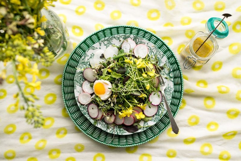 Spring Lettuces with Radishes, Edible Flowers, Egg and Elderflower Dressing. STYLING BY LISA HANSON / CONTRIBUTED BY MIA YAKEL