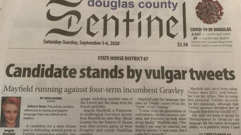 Front page of the Sept. 5-6 edition of the Douglas Sentinel/Angela Mayfield