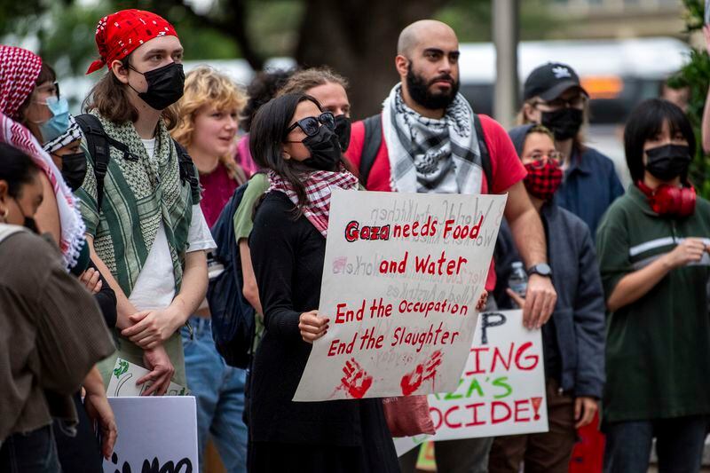 Texas A&M students and members of Texas A&M Young Democratic Socialists of America participate in a pro-Palestinian protest in Rudder Plaza on campus, Tuesday, April 23, 2024, in College Station, Texas. (Meredith Seaver/College Station Eagle via AP)