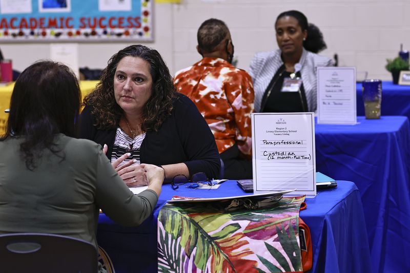 DeKalb principals and administrators interview potential teachers at a job fair held at DeKalb School District Headquarters on Thursday, July 21, 2022. (Natrice Miller/natrice.miller@ajc.com)