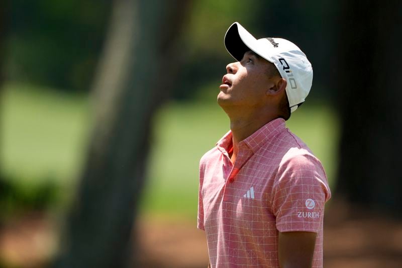 Collin Morikawa reacts to his shot on the ninth hole during the first round of the RBC Heritage golf tournament, Friday, April 19, 2024, in Hilton Head Island, S.C. (AP Photo/Chris Carlson)