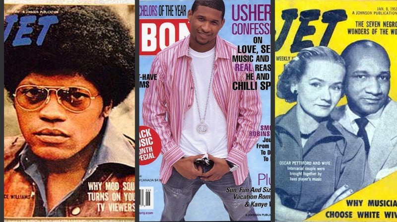 Vintage issues of Jet and Ebony magazines featuring Clarence Williams III and Usher, as one issue that asks the question: “Why musicians choose white wives.”