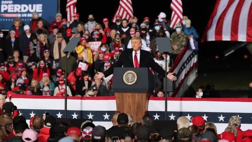 Donald Trump, shown during a rally in Dalton in January, is returning to the state for another political gathering Saturday in Perry. (Curtis Compton / Curtis.Compton@ajc.com)