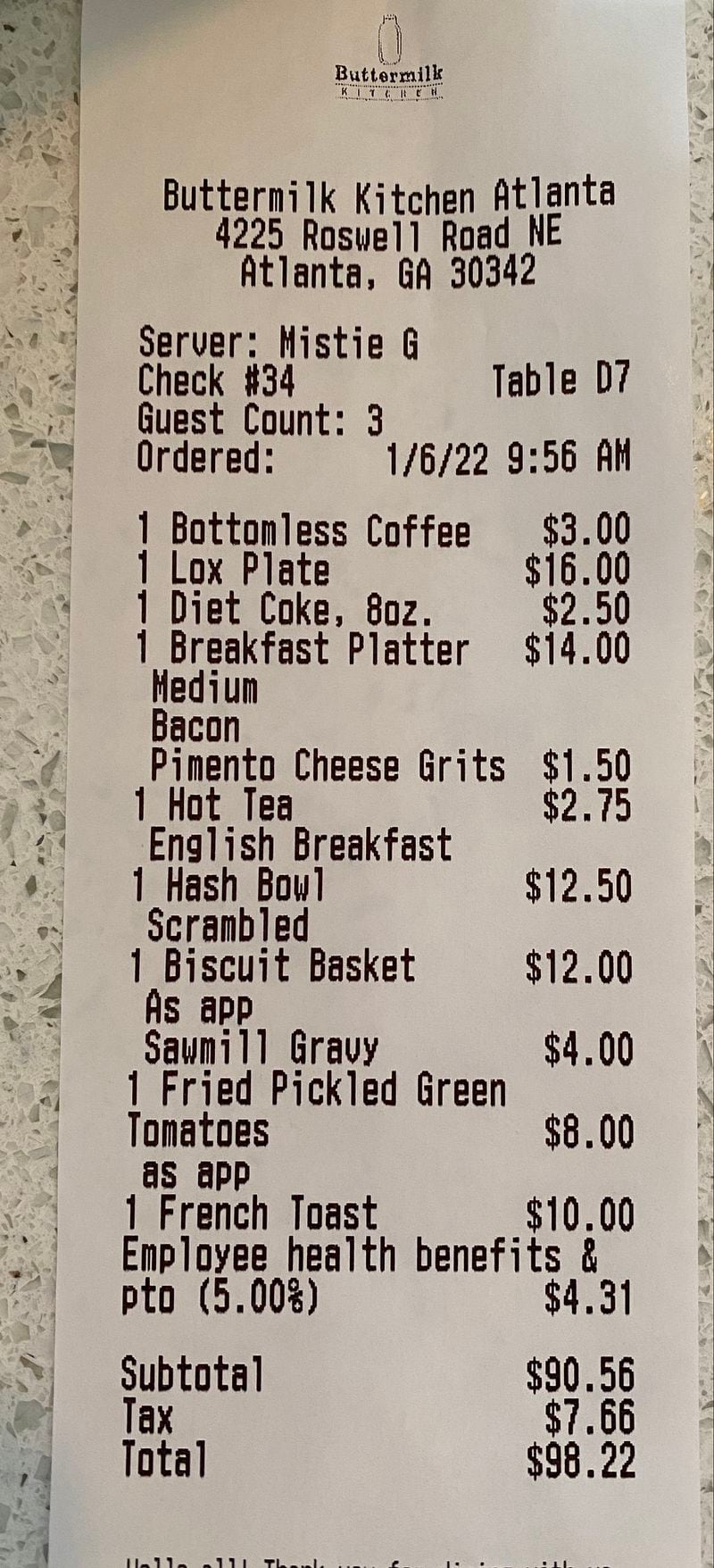 Buttermilk kitchen owner Suzanne Vizethann added a 5% pre-tax surcharge on all transactions to cover health care and sick leave.  The added fee is displayed as a line item on all customer receipts.  Lent by Suzanne Vizethann